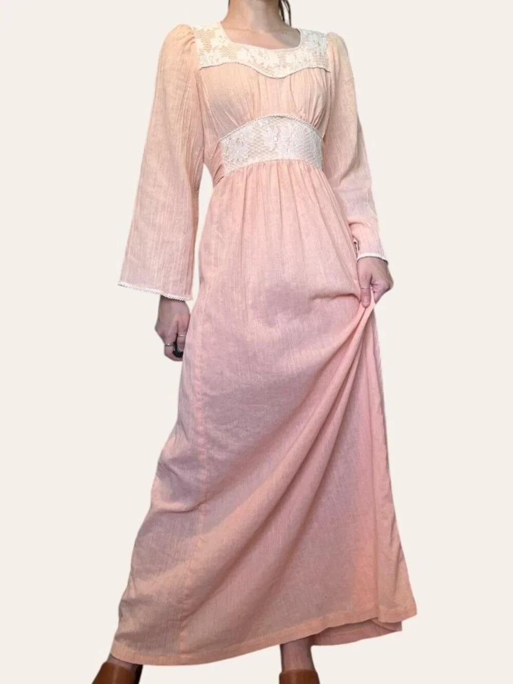 Handmade 70s vintage peach lace cottagecore maxi dress - XS/Small/Medium